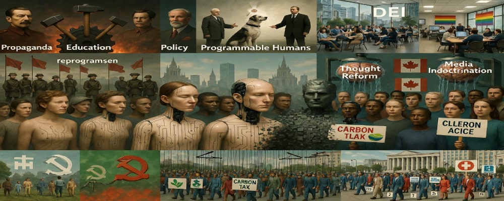 Exploration of communist views on humans as programmable entities, linking historical figures like Stalin and Mao to embedded progressivism in Western policies on immigration and racism.
