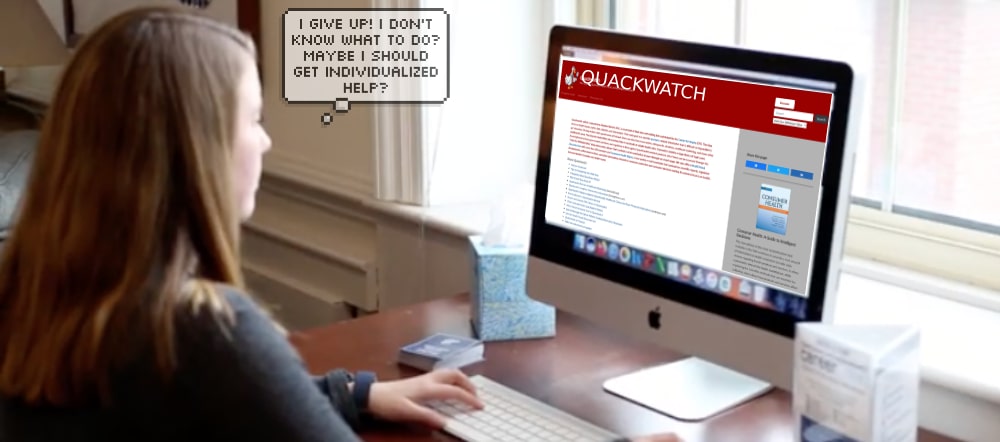 woman searching disinformation websites