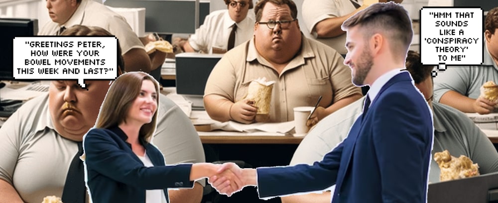 man greeting woman asking bowel health